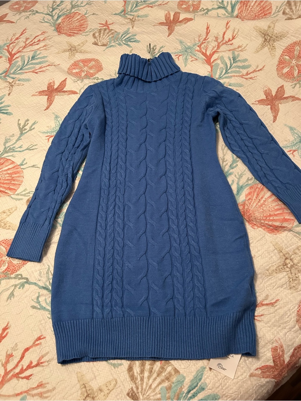 Cozy Blue Cable-Knit Turtleneck Sweater Dress